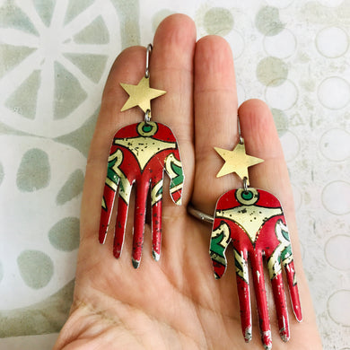 Vintage Red Hand Golden Stars Talisman Zero Waste Tin Earrings