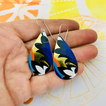 Load image into Gallery viewer, Blue Wave on Gold Upcycled Teardrop Tin Earrings