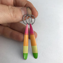Load image into Gallery viewer, Bright Warms Rainbow Stripe Long Teardrops Upcycled Tin Earrings