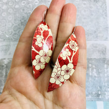 Load image into Gallery viewer, Cherry Blossoms on Deep Crimson Leaf Shape Tin Earrings
