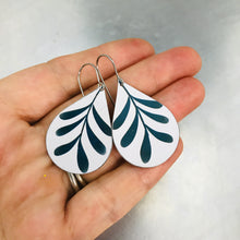 Load image into Gallery viewer, Mod Leaves on White Upcycled Teardrop Tin Earrings
