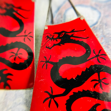 Chinese Dragons on Red Upcycled Tin Fans Earrings