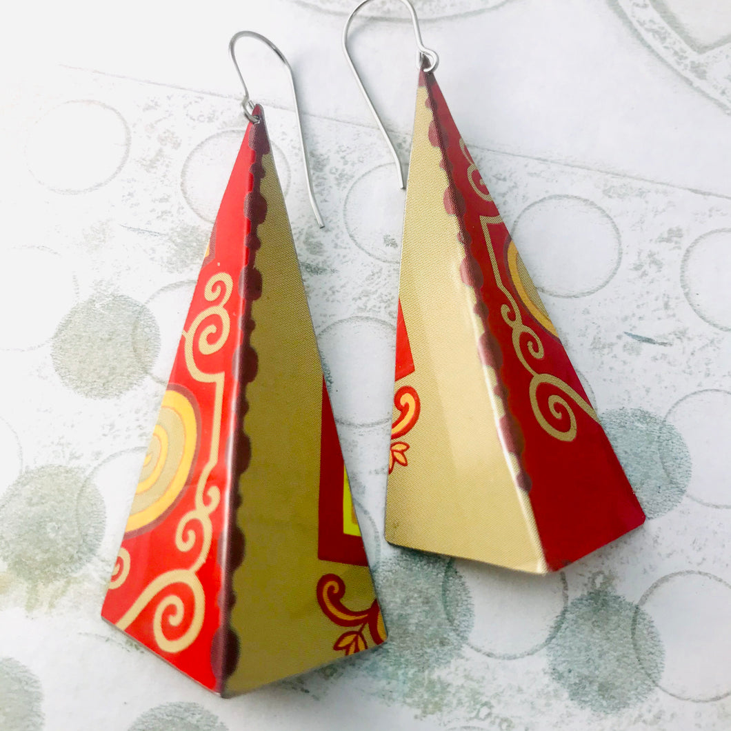 Red & Camel Long Pyramids Recycled Tin Earrings