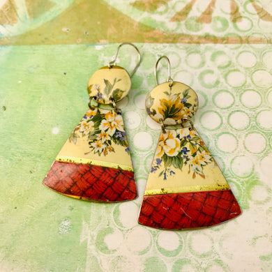Pink Basket Weave and Flowers Small Fans Zero Waste Tin Earrings
