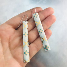 Load image into Gallery viewer, White, Gold &amp; Teal Long Rectangle Tin Earrings
