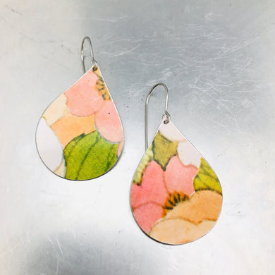 Pink Flowers Upcycled Teardrop Tin Earrings
