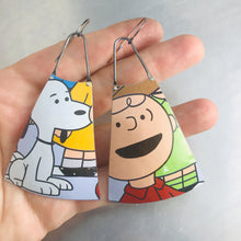 Load image into Gallery viewer, charlie brown and snoopy upcycled tin earrings by christine terrell for adaptive reuse