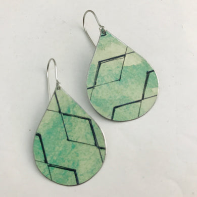 Black Diamond Pattern on Green Upcycled Teardrop Tin Earrings