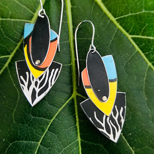 Black & White Branches Reuleaux Triangle Upcycled Teardrop Tin Earrings