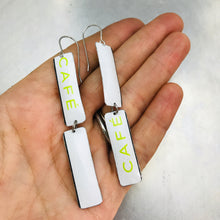 Load image into Gallery viewer, Cafe Coffee Typography Upcycled Tin Earrings by Christine Terrell for adaptive reuse jewelry