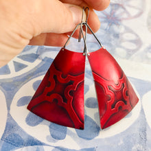 Load image into Gallery viewer, Rich Red Embossed Upcycled Tin Long Fans Earrings