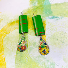 Load image into Gallery viewer, Green Rectangles and Flowery Teardrops Tin Earrings