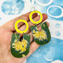 Load image into Gallery viewer, Big Blue Tipped Blossoms Chunky Horseshoes Zero Waste Tin Earrings