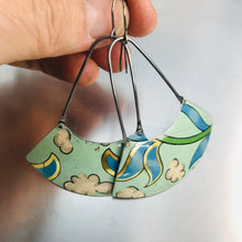 Load image into Gallery viewer, Clouds on Pale Seafoam Large Fan Recycled Tin Earrings by Christine Terrell for adaptive reuse jewelry