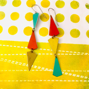 Gold, Turquoise & Coral Small Narrow Kites Recycled Tin Earrings
