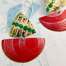 Load image into Gallery viewer, Red Spirograph and Vintage Dots Little Sailboats Tin Earrings