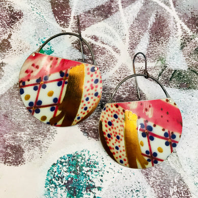 Multi pattern Golds & Cerise Circles Upcycled Tin Earrings