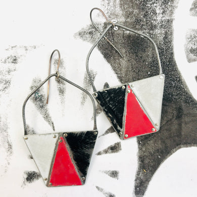 Red, Black & White Triangles Tesserae Arched Wire Tin Earrings