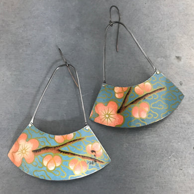 Pink Cherry Blossoms on Blue Recycled Tin Earrings