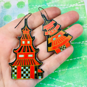 Bright Red Pagodas Upcycled Tin Long Fans Earrings