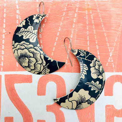 Ecru Blossoms on Midnight Blue Big Moons Upcycled Tin Earrings