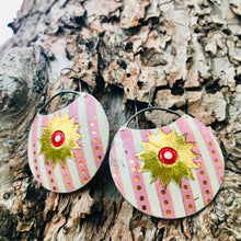 Load image into Gallery viewer, Golden Medallions on Striped Cotton Candy Circles Upcycled Tin Earrings