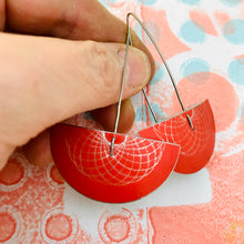 Load image into Gallery viewer, Bright Red Semi-circle Spirograph Upcycled Tin Earrings