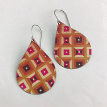 Load image into Gallery viewer, Shades of Red Geometric Pattern Upcycled Teardrop Tin Earrings