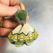 Load image into Gallery viewer, Vintage Green &amp; Cream Trefoil Upcyled Tin Earrings