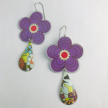 Load image into Gallery viewer, Big Purple Flowers Upcycled Vintage Tin Long Fans Earrings