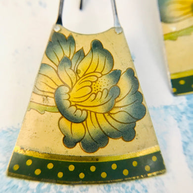 Blue Blossoms & Polka Dots Upcycled Tin Long Fans Earrings