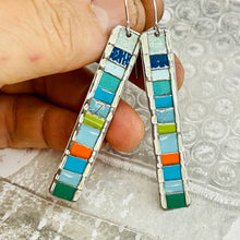 Load image into Gallery viewer, Aquas &amp; Pop of Orange Fenced &amp; Folded Rectangle Tin Earrings