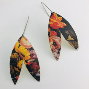 Floral Bouquet on Black Double Leaf Upcycled Tin Earrings