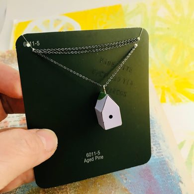 Tiny White Birdhouses Boho Upcycled Tin Necklace