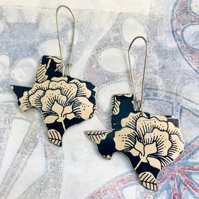 Ecru Blossoms on Midnight Blue Texas Upcycled Tin Earrings