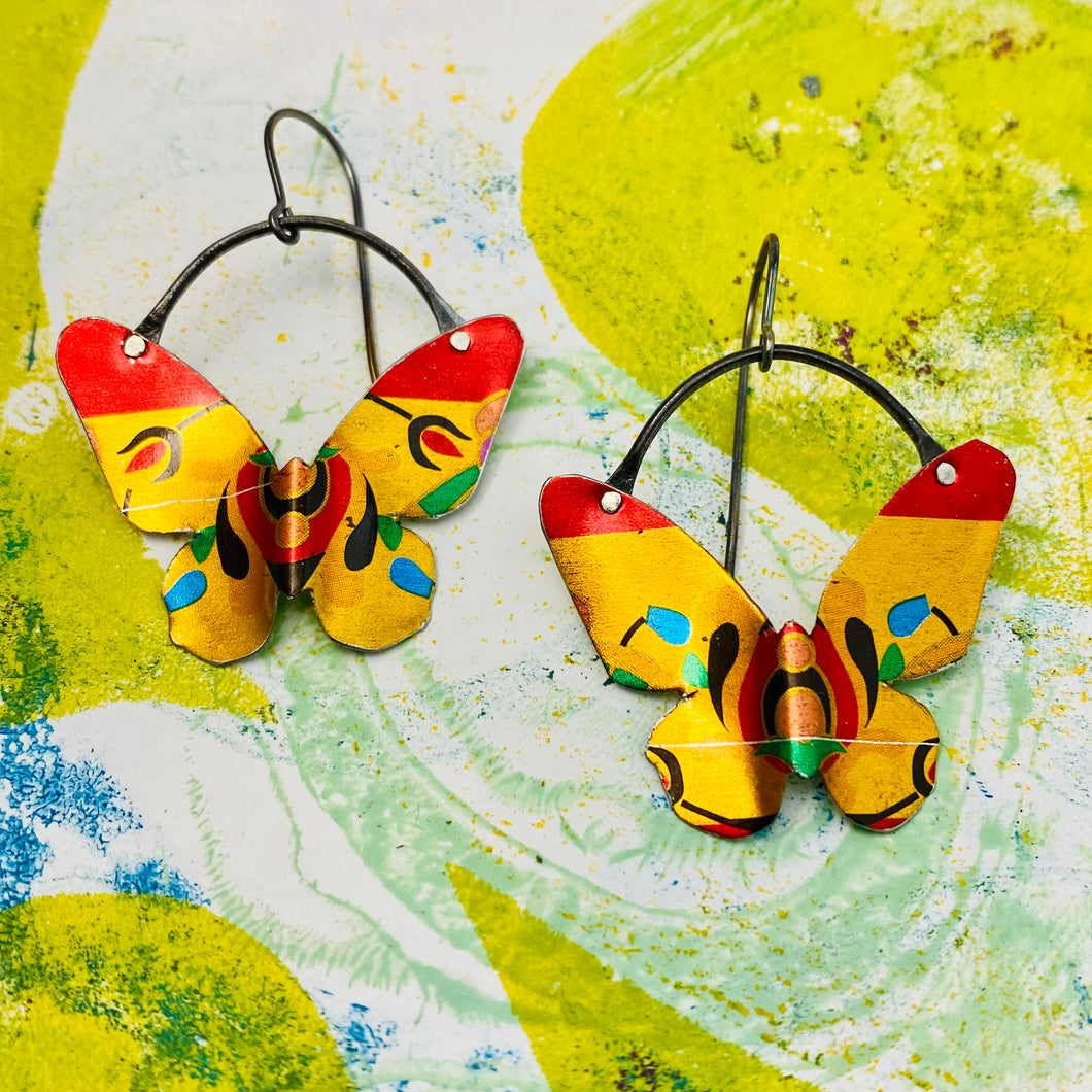Shimmery Gold & Scarlet Small Butterflies Upcycled Tin Earrings