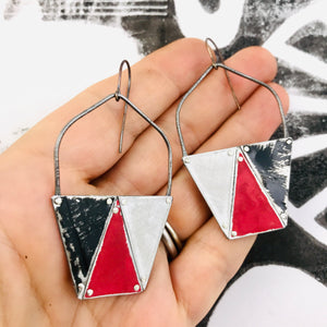 Red, Black & White Triangles Tesserae Arched Wire Tin Earrings