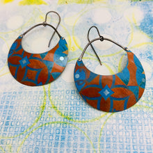 Load image into Gallery viewer, Patterned Blue &amp; Rusty Orange Crescent Circles Tin Earrings