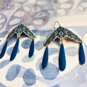 Blue Filigree on Gray Zero Waste Tin Chandelier Earrings