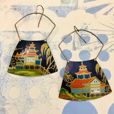 Pagodas on Midnight Blue  Large Zero Waste Tin Earrings