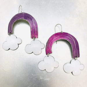 Purple Etched Rainbows with Puffy Clouds Upcycled Tin Earrings