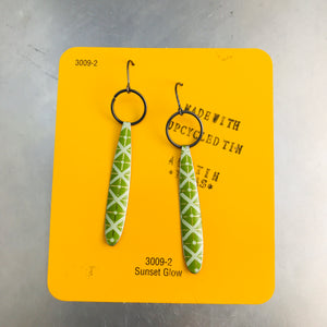 Green  & Gold Lattice Long Teardrops Upcycled Tin Earrings