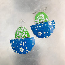 Load image into Gallery viewer, White Flowers on Blue &amp; Green Boats Upcycled Tin Earrings
