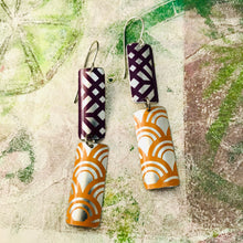 Load image into Gallery viewer, Orange &amp; Plum Mixed Pattern Recycled Tin Earrings