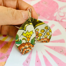 Load image into Gallery viewer, Orange Flowers Upcycled Long Pod Tin Earrings