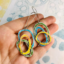 Load image into Gallery viewer, RESERVED for EM — Leaf, Lake &amp; Lemon Too Smaller Scribbles Upcycled Tin Earrings