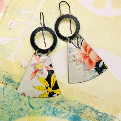 Bright Blossoms on Midnight Edge Small Fans Tin Earrings