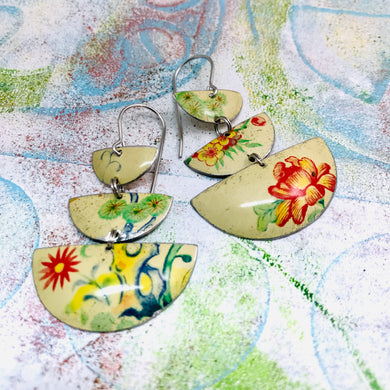 Pretty Flowers on Cream Stacked Half Moons Earrings