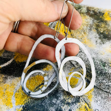 Load image into Gallery viewer, All Whites and Touch of Gold Scribbles Upcycled Tin Earrings