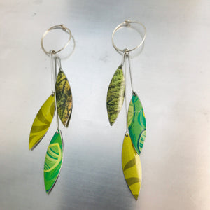 Falling Leaves in Mixed Greens Upcycled Tin Earrings by Christine Terrell for adaptive reuse jewelry